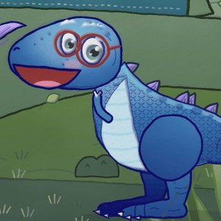 Grandpa Rex, a blue dinosaur with red glasses