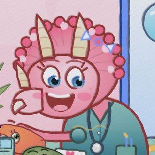 Nurse Trixie, a pink triceratops in scrubs