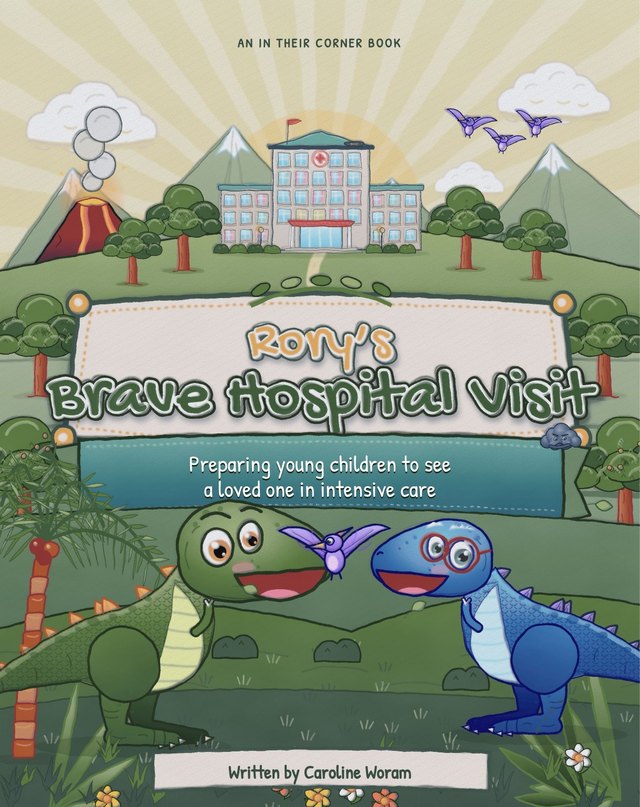 Front cover of Rory's Brave Hospital Visit, showing Rory and Grandpa Rex in front of the hospital