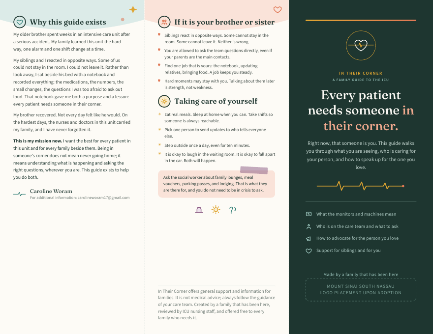 Front side of the printed In Their Corner trifold guide