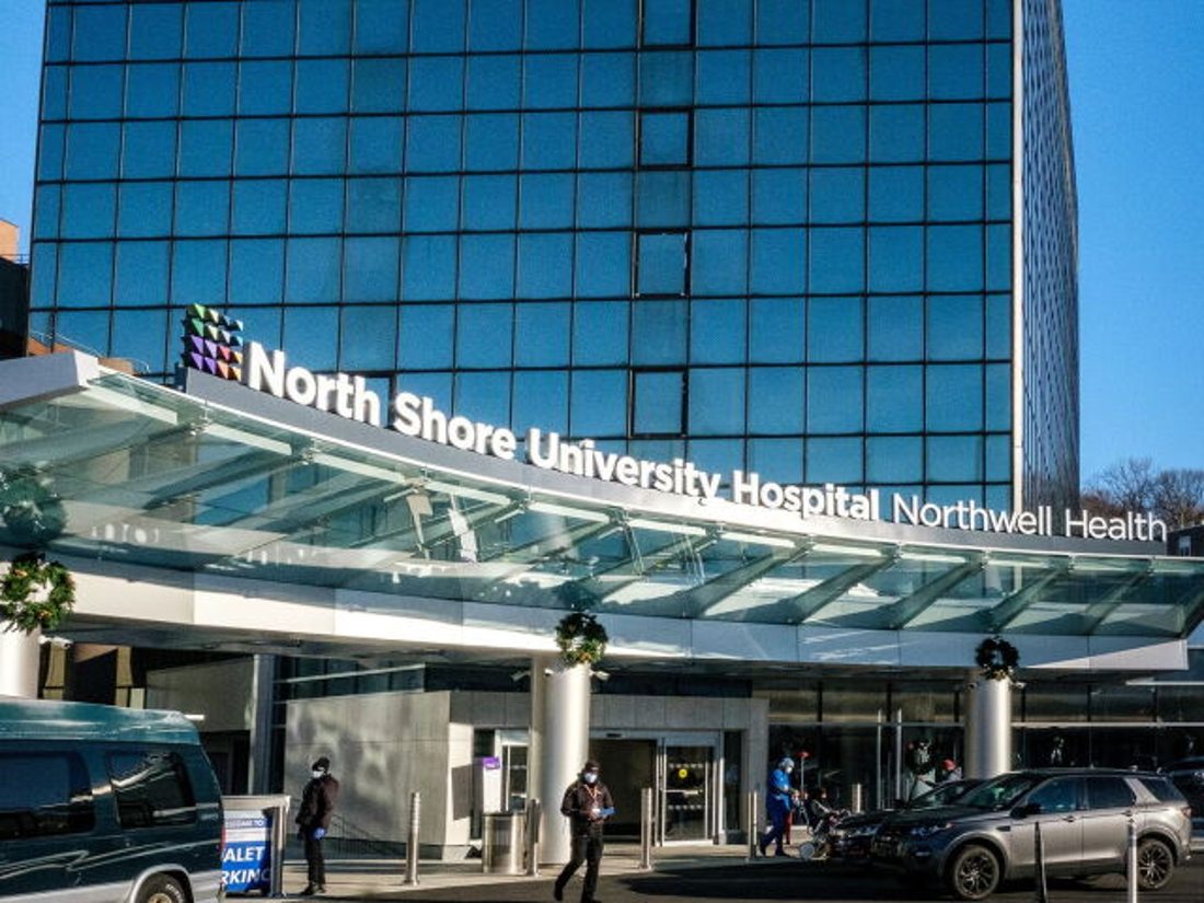 The entrance canopy of North Shore University Hospital