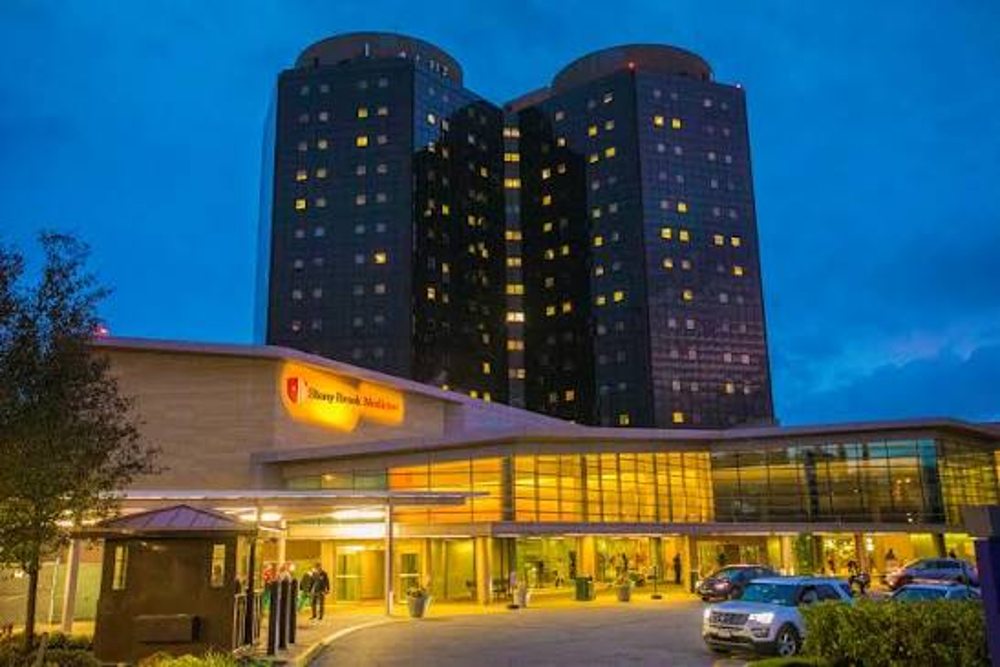 Stony Brook University Hospital towers at dusk